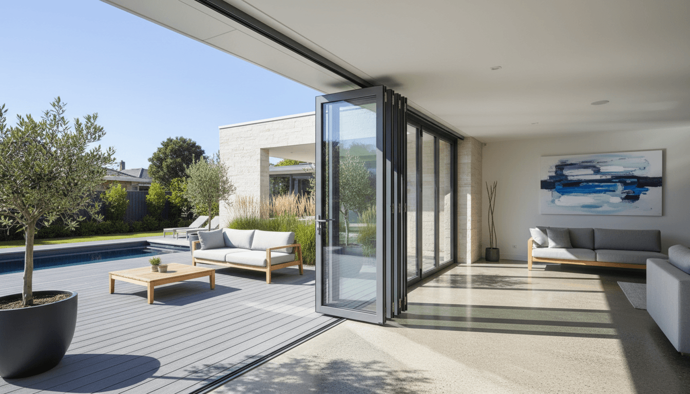 Modern bifold aluminium doors fully open showing seamless indoor-outdoor living space with natural light