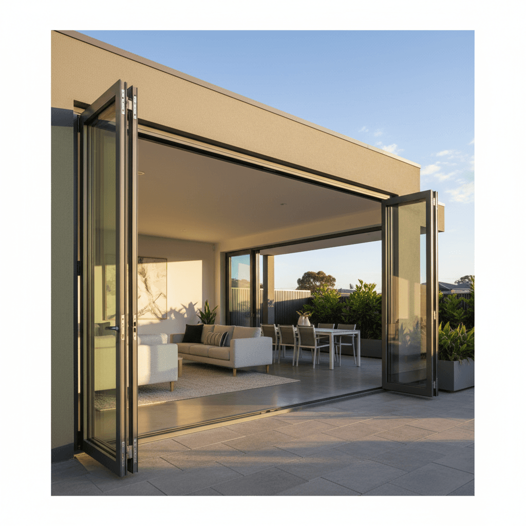 Aluminium bifold doors open in an Adelaide home at sunset, connecting indoor and outdoor space.