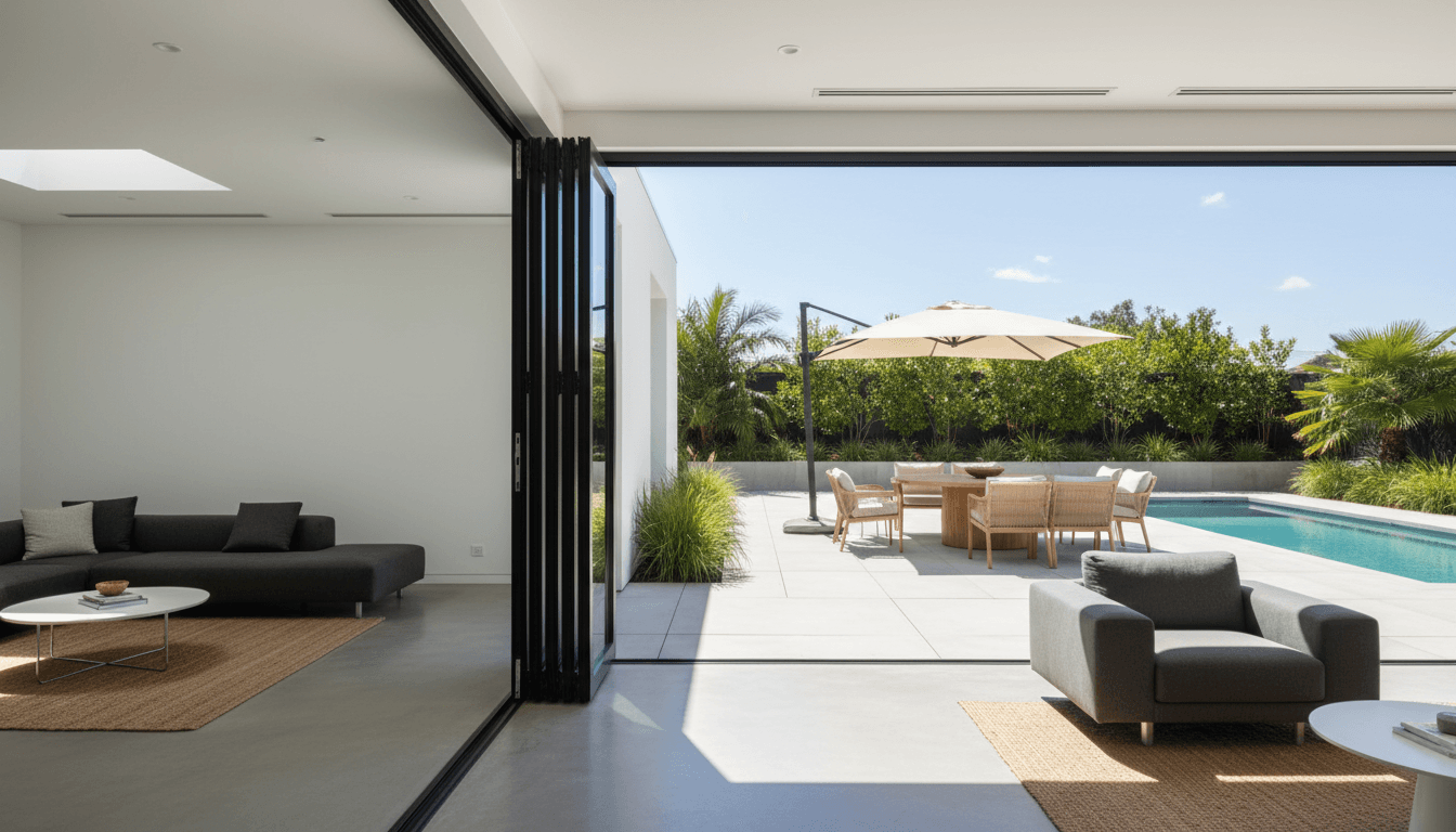 Modern aluminium bifold doors opened wide to a bright outdoor deck area